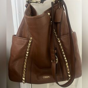 Coach Brown Leather Stud-Trim Shoulder Bag crossbody hobo